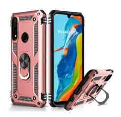 Rose Gold Huawei P30 Lite Rugged Armour 360 Rotating Metal Ring Case