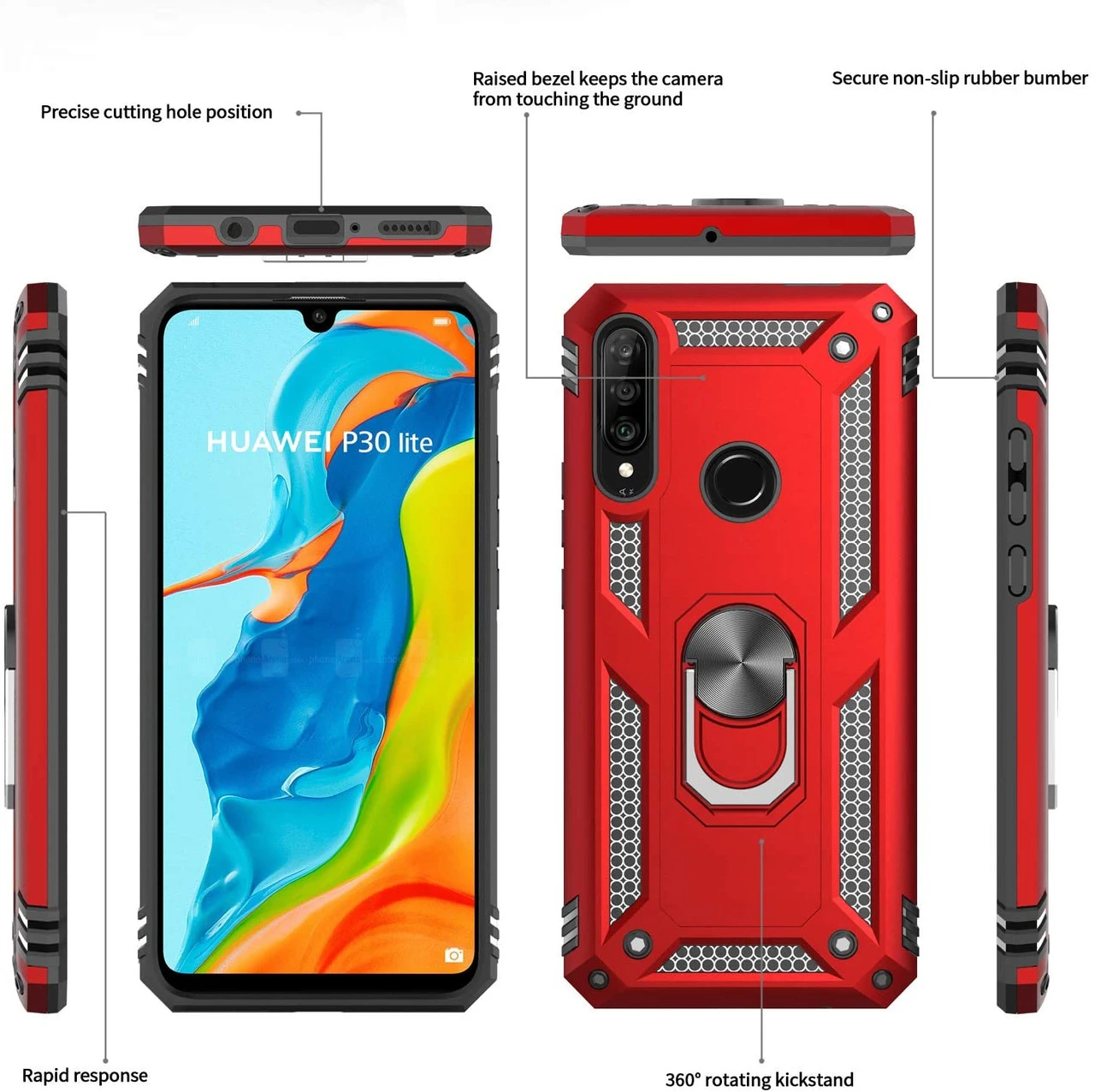 Red Heavy Duty 360 Rotating Metal Ring Stand Case For Huawei P30 Lite 2 Red Heavy Duty 360 Rotating Metal Ring Stand Case For Huawei P30 Lite - Image 2