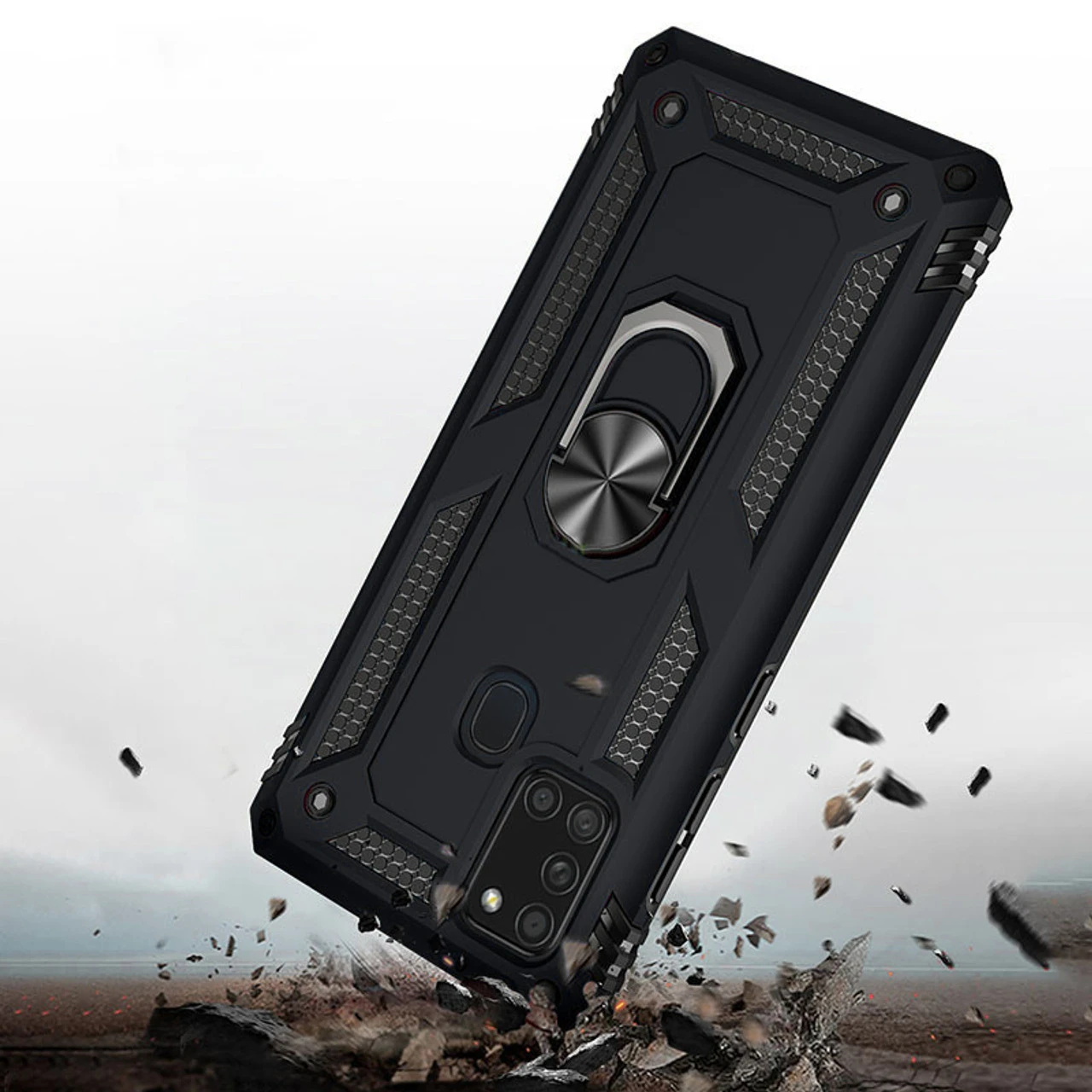 Black Hybrid Shock Proof Rotating Metal Ring Case For Galaxy A21s 4 Black Hybrid Shock Proof Rotating Metal Ring Case For Galaxy A21s - Image 4