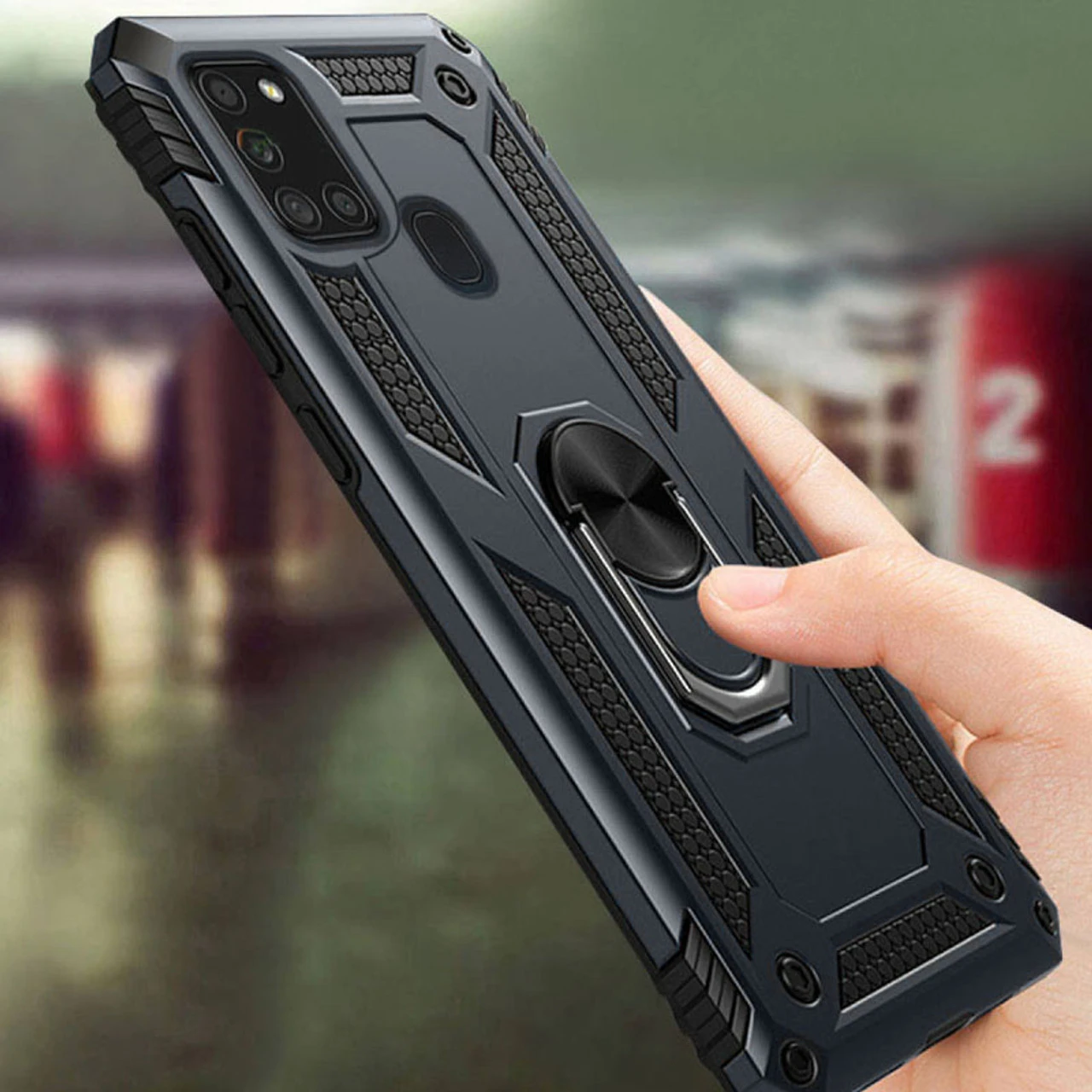 Black Hybrid Shock Proof Rotating Metal Ring Case For Galaxy A21s 6 Black Hybrid Shock Proof Rotating Metal Ring Case For Galaxy A21s - Image 6