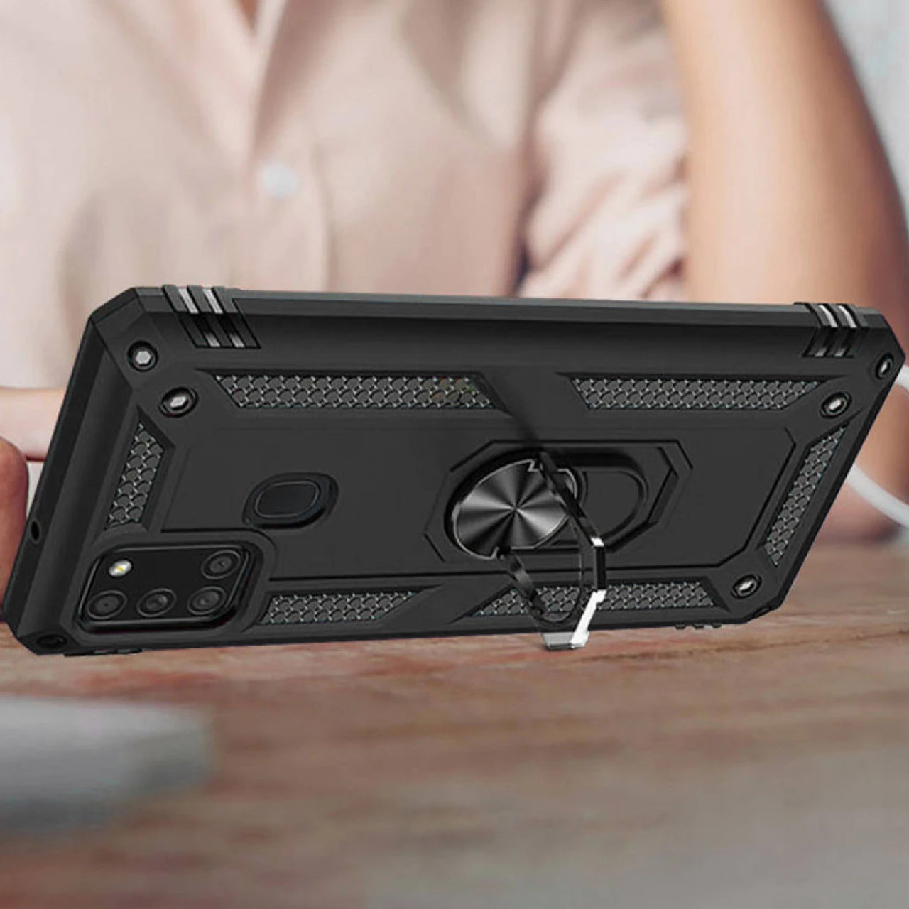 Black Hybrid Shock Proof Rotating Metal Ring Case For Galaxy A21s 5 Black Hybrid Shock Proof Rotating Metal Ring Case For Galaxy A21s - Image 5