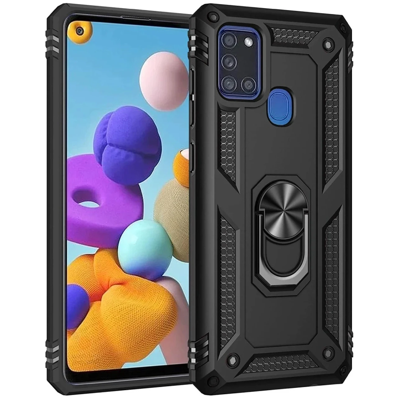Black Hybrid Shock Proof Rotating Metal Ring Case For Galaxy A21s 1 Black Hybrid Shock Proof Rotating Metal Ring Case For Galaxy A21s