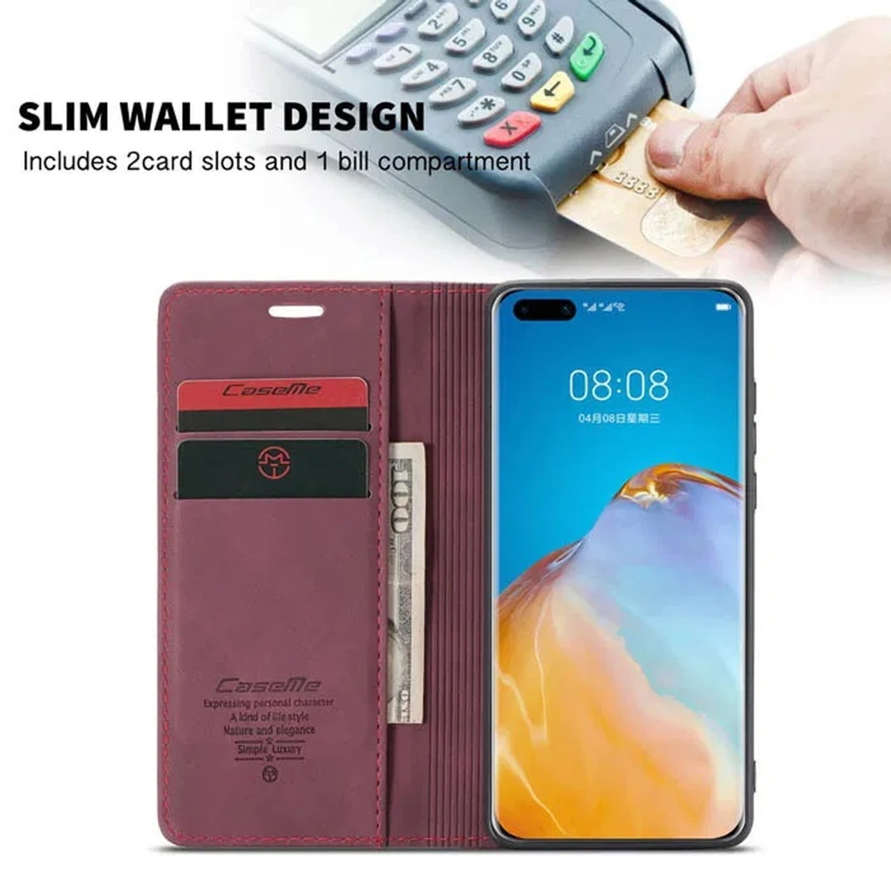 Red Wine Huawei P40 CaseMe Synthetic Leather Wallet Case 2 Red Wine Huawei P40 CaseMe Synthetic Leather Wallet Case - Image 2