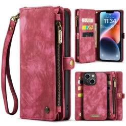 Red IPhone 15 Plus Multi-Functional 2 In 1 Zipper Purse Wallet Case