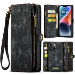 Black 2 In 1 Retro Zipper Wallet Magnetic Case For IPhone 15 Plus