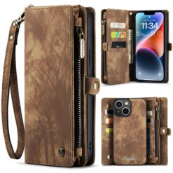Brown 2 In 1 Retro Zipper Wallet Magnetic Case For IPhone 15