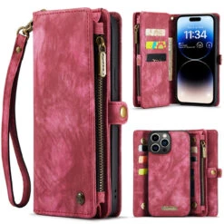 Red IPhone 15 Pro Multi-functional 2 In 1 Purse Wallet Magnetic Case