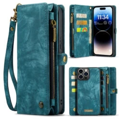 Blue 2 In 1 Retro Zipper Wallet Magnetic Case For IPhone 15 Pro Max