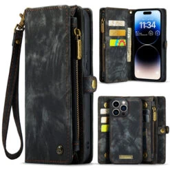 Black IPhone 15 Pro Max 2 In 1 Retro Zipper Wallet Magnetic Case