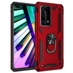 Red Huawei P40 Rugged Armour 360 Rotating Metal Ring Case