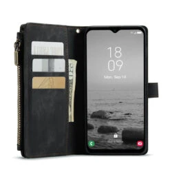 Black CaseMe C30 Wallet Case With Zipper Folio & Wrist Strap For Galaxy A14 5G