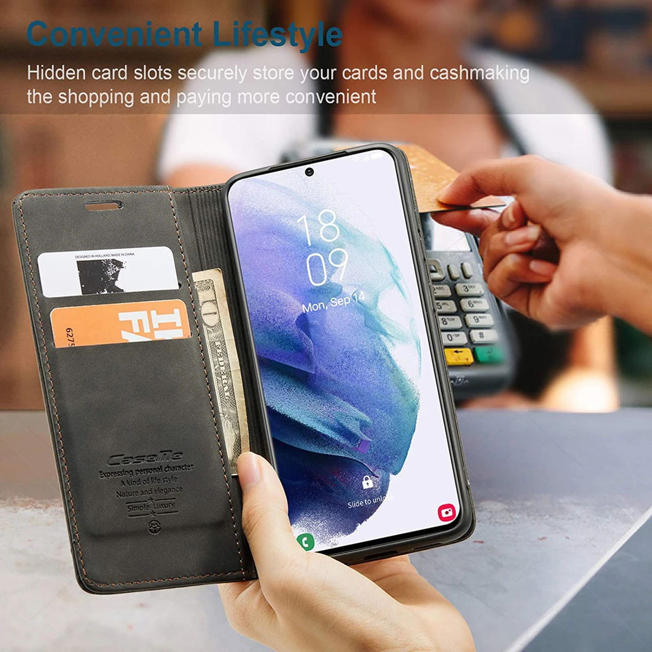 CaseMe Compact PU Leather Wallet Case For Galaxy S21 4G/5G - Black 5 CaseMe Compact PU Leather Wallet Case For Galaxy S21 4G/5G - Black - Image 5