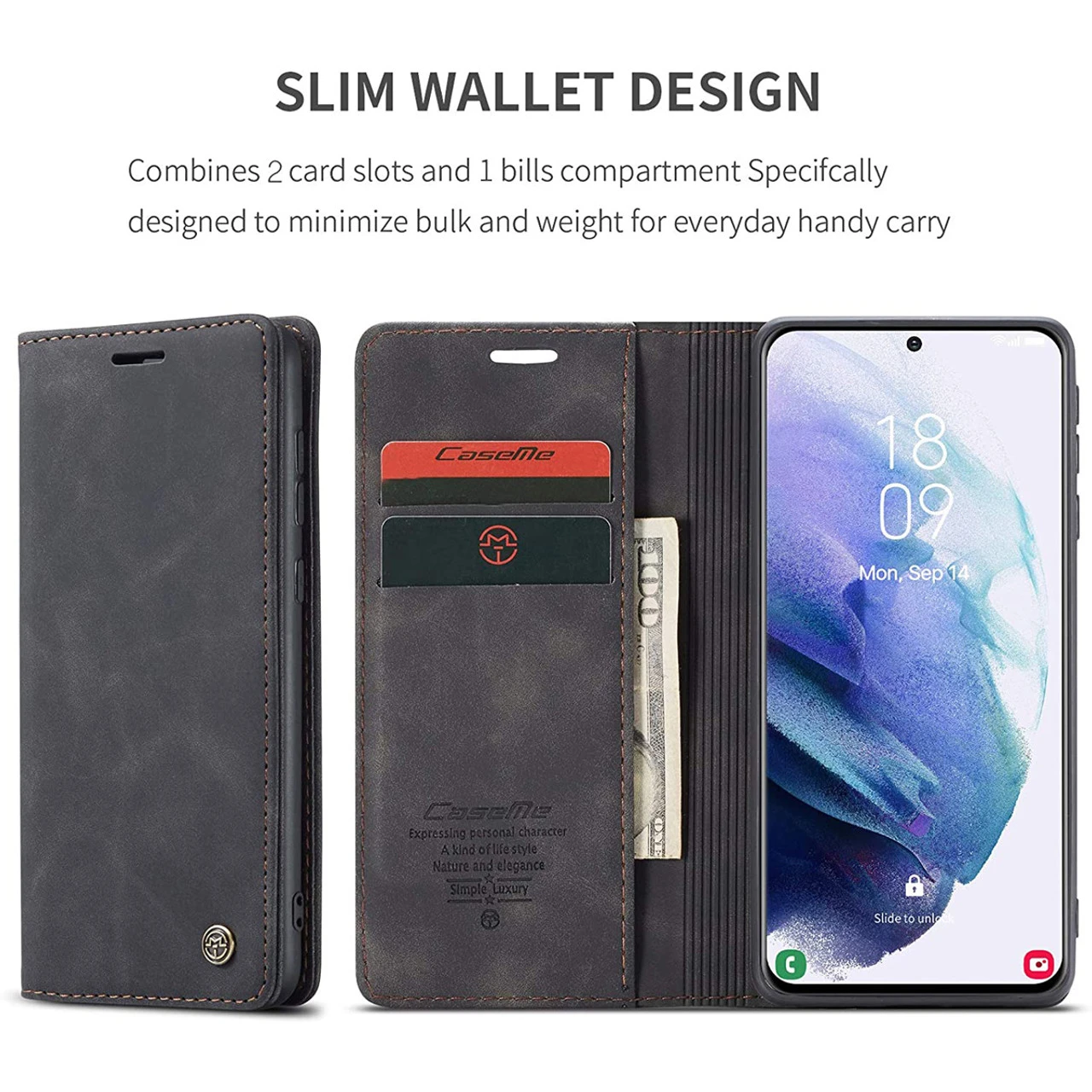 CaseMe Compact PU Leather Wallet Case For Galaxy S21 4G/5G - Black 4 CaseMe Compact PU Leather Wallet Case For Galaxy S21 4G/5G - Black - Image 4