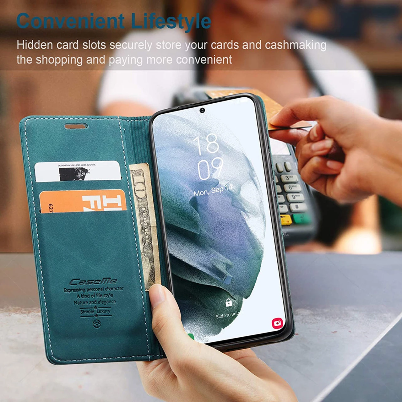 CaseMe Samsung Galaxy S21 4G/5G Classic Folio PU Leather Case - Blue 2 CaseMe Samsung Galaxy S21 4G/5G Classic Folio PU Leather Case - Blue - Image 2