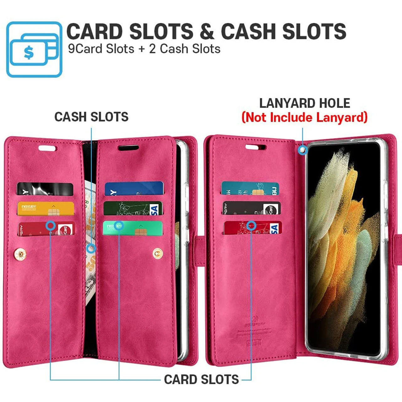 Hot Pink Galaxy S21 Ultra Mercury Mansoor 9 Card Slots Wallet Case 5 Hot Pink Galaxy S21 Ultra Mercury Mansoor 9 Card Slots Wallet Case - Image 5