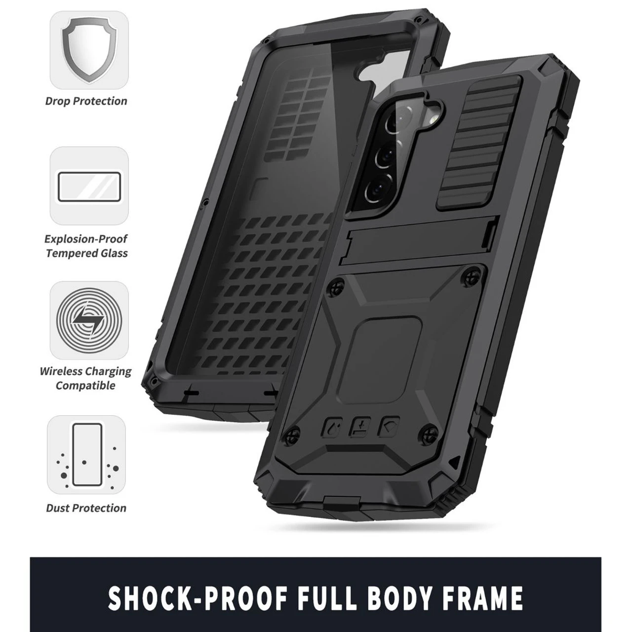 Black Galaxy S22 Plus Full Body Metal Case Built-In Screen Protector 2 Black Galaxy S22 Plus Full Body Metal Case Built-In Screen Protector - Image 2