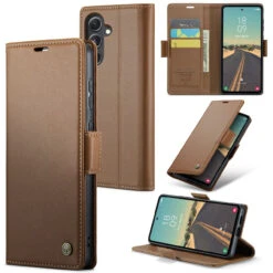 Brown CaseMe Slim Luxury 3 Card Slot Wallet Case For Galaxy S23 FE
