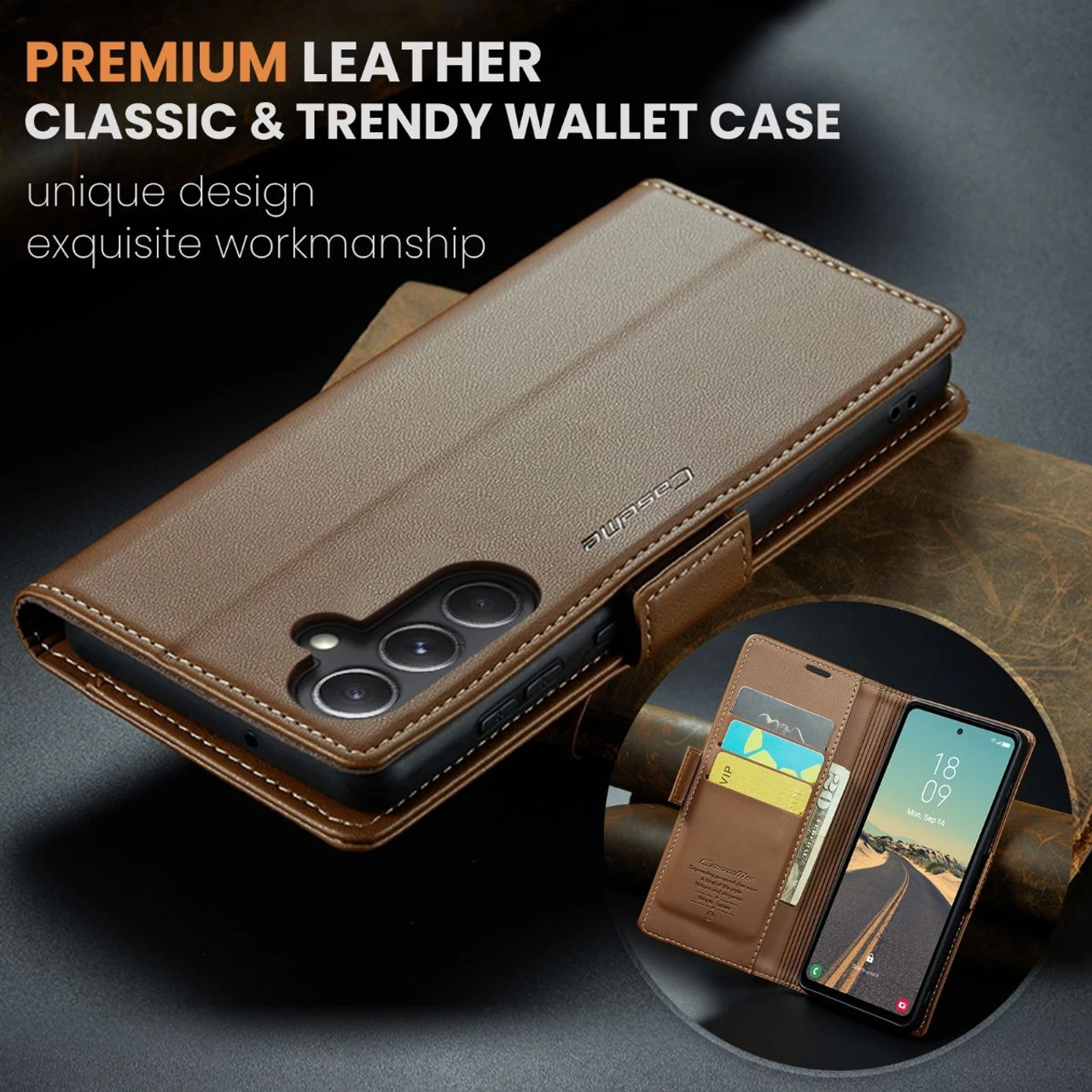 Brown CaseMe Slim Luxury 3 Card Slot Wallet Case For Galaxy S23 FE 7 Brown CaseMe Slim Luxury 3 Card Slot Wallet Case For Galaxy S23 FE - Image 7