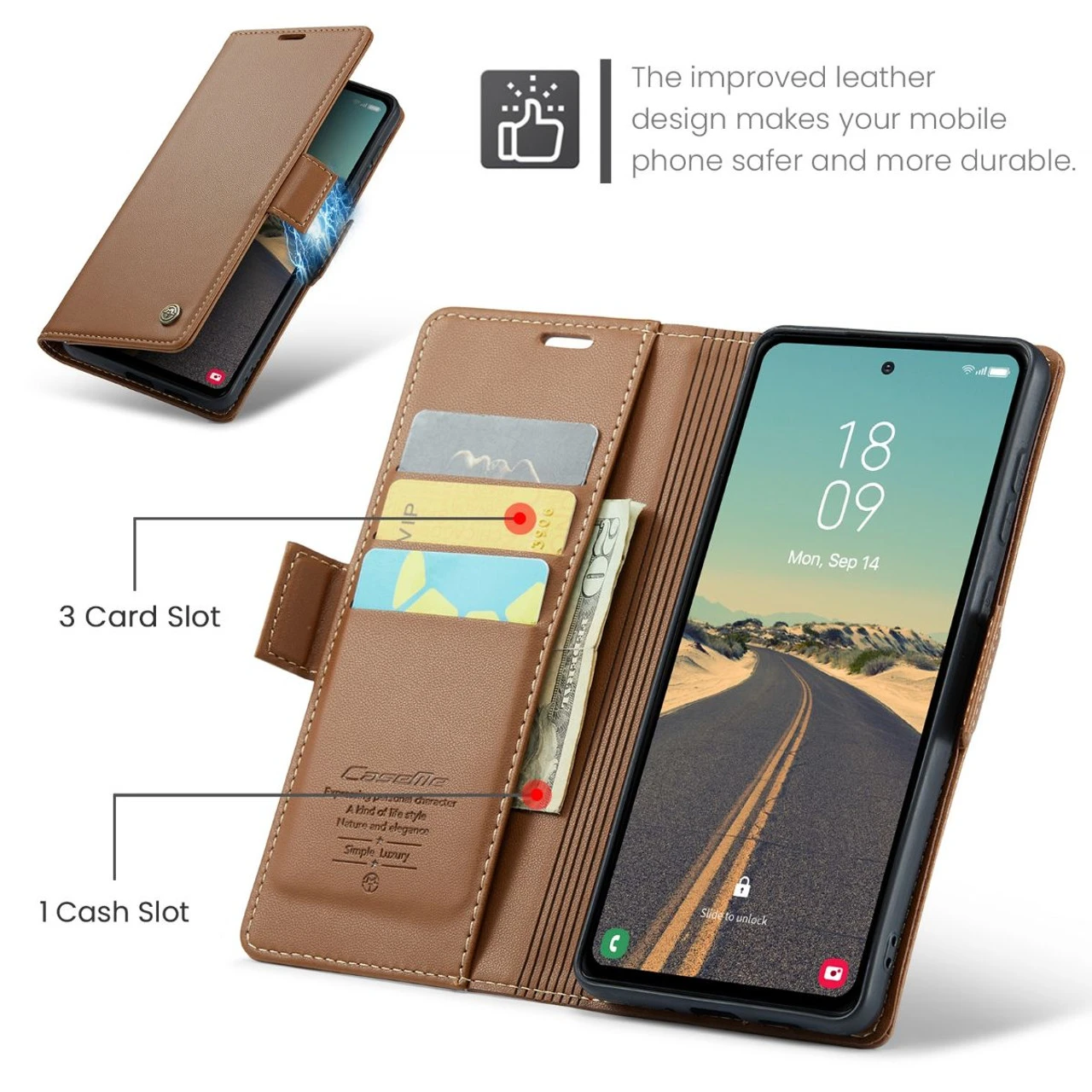 Brown CaseMe Slim Luxury 3 Card Slot Wallet Case For Galaxy S23 FE 8 Brown CaseMe Slim Luxury 3 Card Slot Wallet Case For Galaxy S23 FE - Image 8