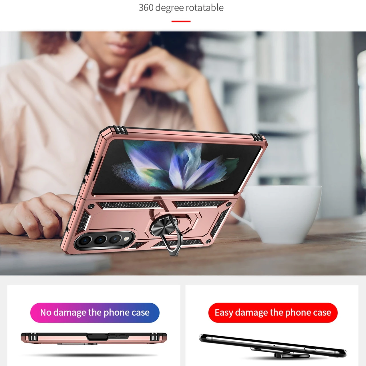 Galaxy Z Fold4 5G Heavy Duty 360 Rotating Metal Ring Stand Case - Rose Gold 4 Galaxy Z Fold4 5G Heavy Duty 360 Rotating Metal Ring Stand Case - Rose Gold - Image 4