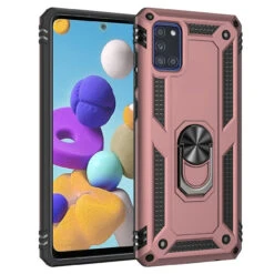 Rose Gold Galaxy A71 5G Rugged Armour 360 Rotating Metal Ring Case