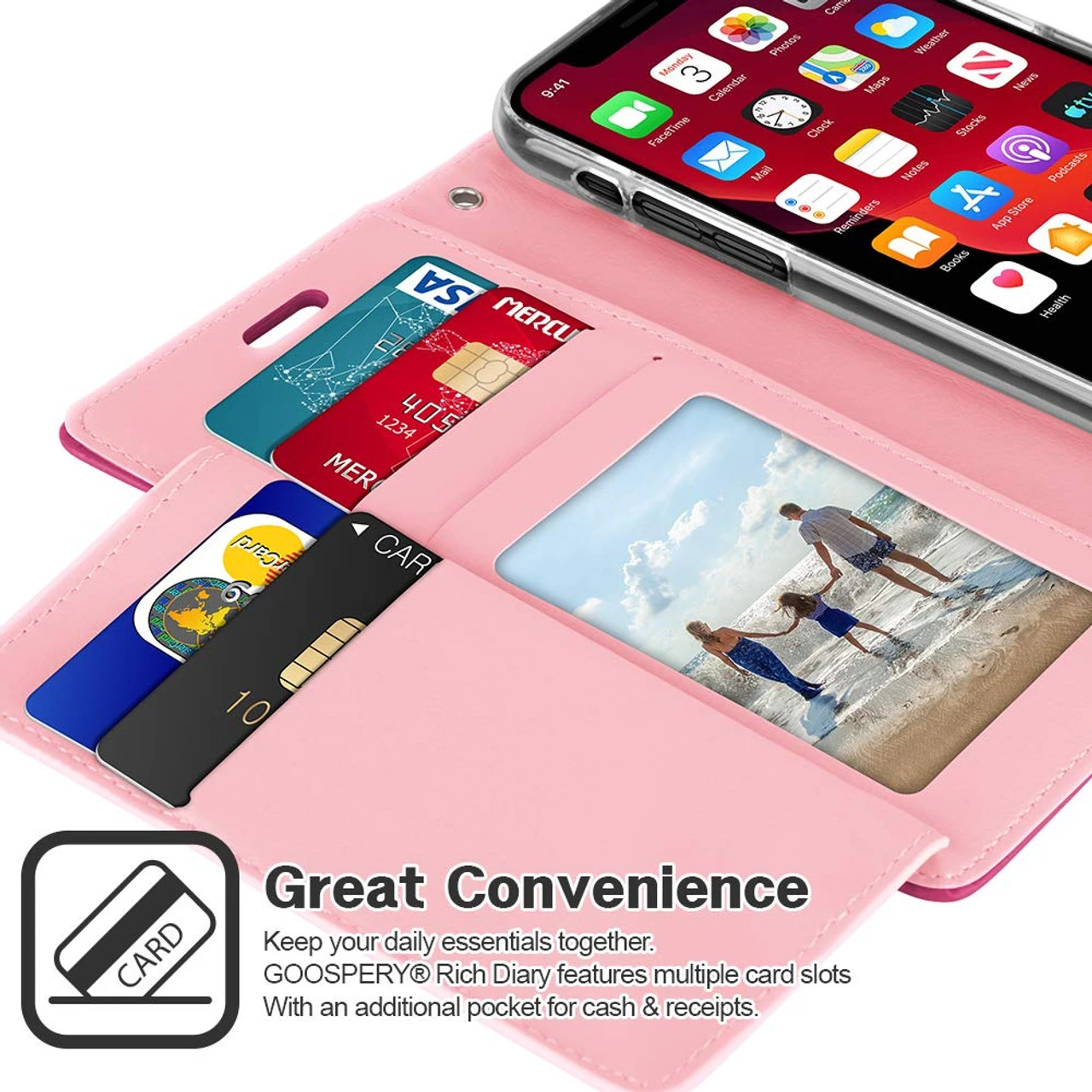 Hot Pink IPhone 11 Pro MAX Mercury Rich Diary Wallet Card Case 2 Hot Pink IPhone 11 Pro MAX Mercury Rich Diary Wallet Card Case - Image 2