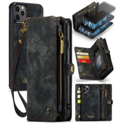 Black 2 In 1 Retro Zipper Wallet Magnetic Case For IPhone 11 Pro Max -Cheap NewCase Store iphone 11 pro max caseme multifunctional wallet black 4 43436.1689830522