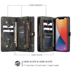 Black Multi-functional 2 In 1 Magnetic Retro Wallet Case For IPhone 12 / 12 Pro -Cheap NewCase Store iphone 12 detachable zipper wallet black 6 46230.1687237886