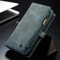 Blue IPhone 12 / 12 Pro Multi-functional 2 In 1 Wallet / Purse Magnetic Case