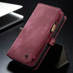 Premium Red IPhone 12 / 12 Pro Multi-functional 2 In 1 Zipper Wallet Card Case