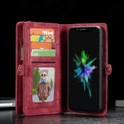 Premium Red IPhone 12 / 12 Pro Multi-functional 2 In 1 Zipper Wallet Card Case -Cheap NewCase Store iphone 12 detachable zipper wallet red 5 28937.1692327739