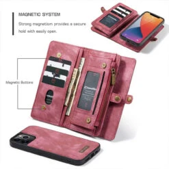 Premium Red IPhone 12 / 12 Pro Multi-functional 2 In 1 Zipper Wallet Card Case -Cheap NewCase Store iphone 12 detachable zipper wallet red 7 14627.1692327739
