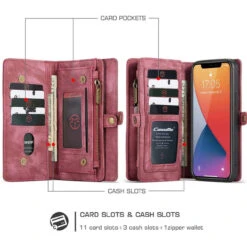 Premium Red IPhone 12 / 12 Pro Multi-functional 2 In 1 Zipper Wallet Card Case -Cheap NewCase Store iphone 12 detachable zipper wallet red 9 43682.1692327739