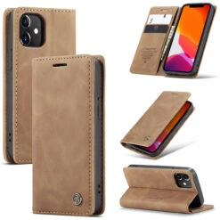 Brown CaseMe Premium PU Leather Wallet Case For IPhone 12 Mini