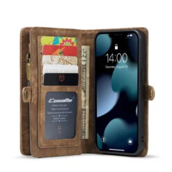 Brown Multi-Functional 2 In 1 Zipper Purse Wallet Case For IPhone 13