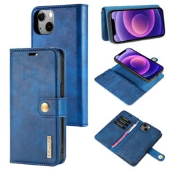 Blue DG.Ming 2 In 1 Leather Wallet Removable Magnetic Case For IPhone 13