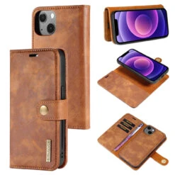 Brown IPhone 13 Mini DG.Ming Wallet Removable Magnetic Case With Card Slots