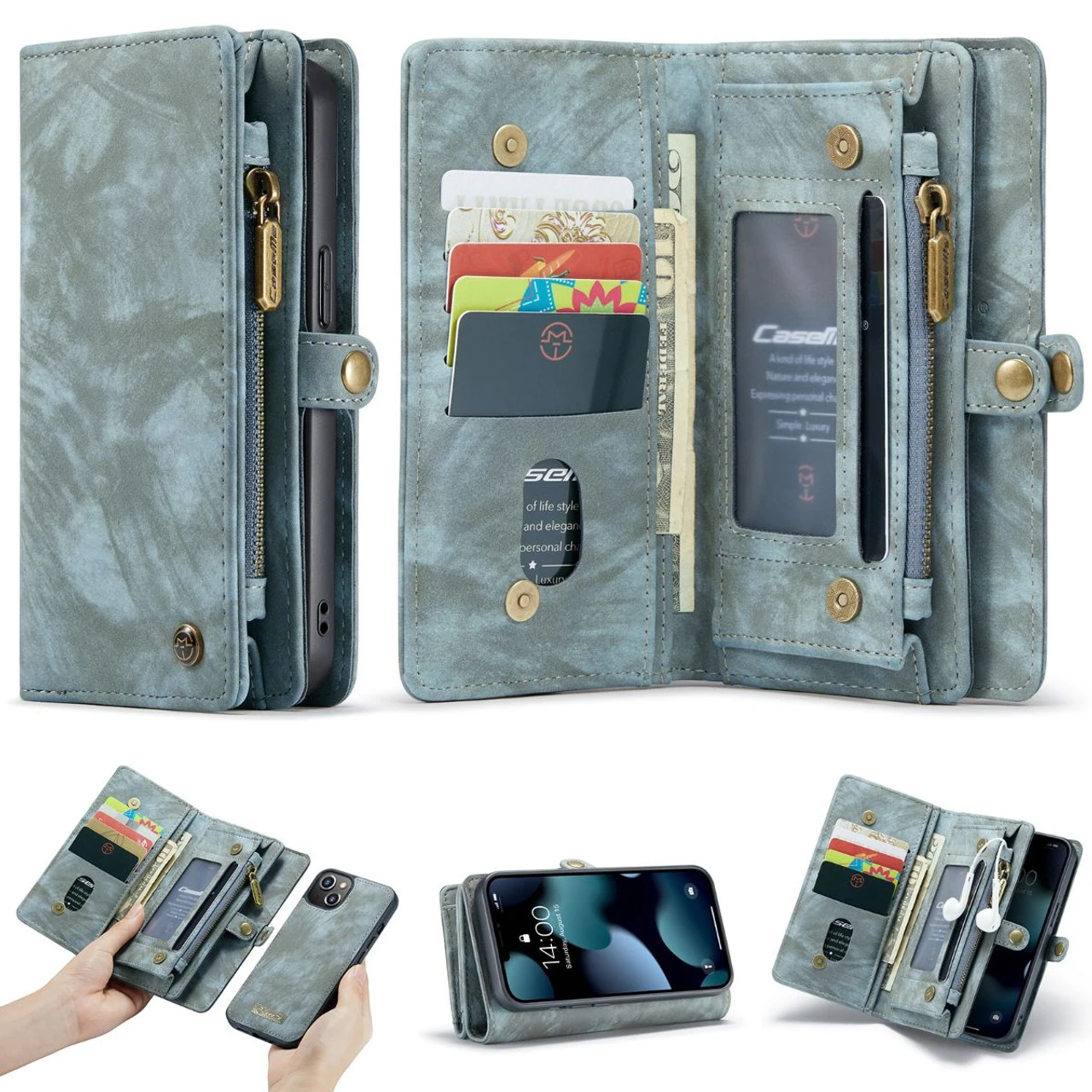 Blue Multi-Functional 2 In 1 Zipper Purse Wallet Case For IPhone 13 Pro 5 Blue Multi-Functional 2 In 1 Zipper Purse Wallet Case For IPhone 13 Pro - Image 5