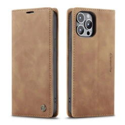 Brown IPhone 13 Pro CaseMe Compact Flip Magnetic Wallet Case