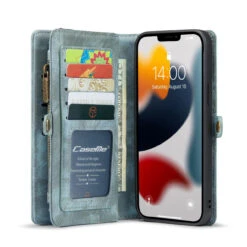 Blue IPhone 13 Pro Max 2 In 1 Magnetic Retro Purse / Wallet Case