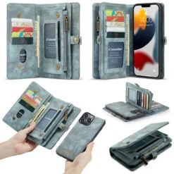 Blue IPhone 13 Pro Max 2 In 1 Magnetic Retro Purse / Wallet Case -Cheap NewCase Store iphone 13 pro max caseme multifunctional wallet blue 5 14642.1687238687