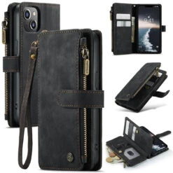 Black CaseMe C30 Zipper Folio Wallet Case Wrist Strap For IPhone 14