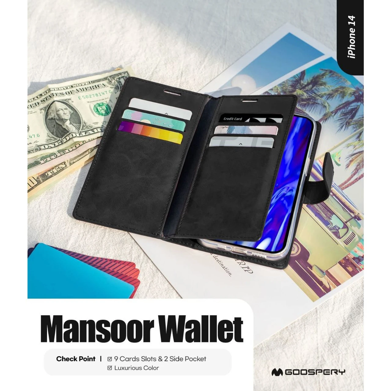 Black Genuine Mercury Mansoor Diary Wallet Case For IPhone 14 6 Black Genuine Mercury Mansoor Diary Wallet Case For IPhone 14 - Image 6