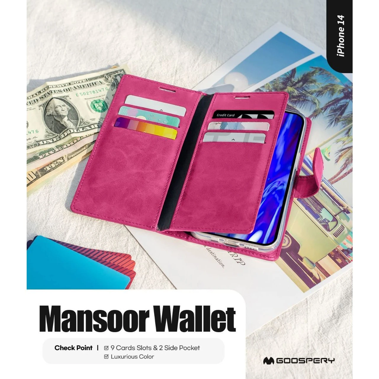 Hot Pink Mercury Mansoor Diary Card Holder Wallet For IPhone 14 4 Hot Pink Mercury Mansoor Diary Card Holder Wallet For IPhone 14 - Image 4
