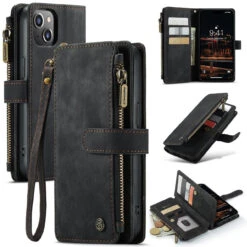 Black CaseMe C30 Wallet: Zipper Folio & Wrist Strap - IPhone 14 Plus