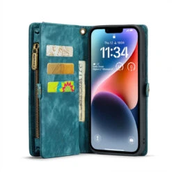Blue 2 In 1 Retro Zipper Wallet Magnetic Case For IPhone 14 Plus