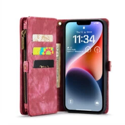 Red Multi-Functional 2 In 1 Zipper Purse Wallet Case For IPhone 14 Plus
