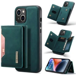Green IPhone 14 Plus DG.Ming M2 Leather Case Removable Wallet Cover