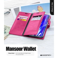 Hot Pink IPhone 14 Plus Mercury Mansoor 9 Card Slot Wallet Case -Cheap NewCase Store iphone 14 plus mercury mansoor diary wallet hot pink 6 11523.1679972967