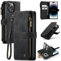 Black CaseMe C30 Wallet Case With Zipper Folio & Wrist Strap For IPhone 14 Pro